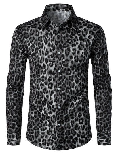 Men's Grey Snow Leopard Print Animal Casual Rock Cool Cotton Long Sleeve Shirt