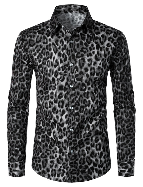 Men's Grey Snow Leopard Print Animal Casual Rock Cool Cotton Long Sleeve Shirt