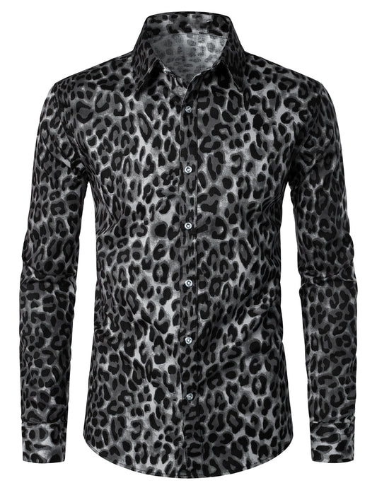 Men's Grey Snow Leopard Print Animal Casual Rock Cool Cotton Long Sleeve Shirt