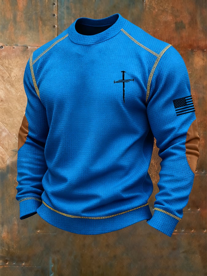 Men's Vintage Faith Cross Print Waffle Crew Neck Sweatshirt