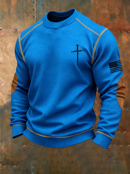 Men's Vintage Faith Cross Print Waffle Crew Neck Sweatshirt