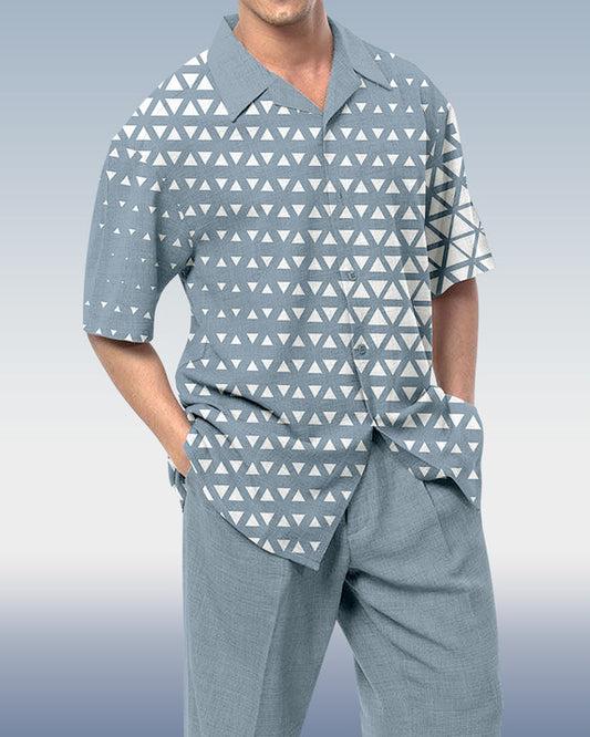 Rianmond Men's Geometric Print Short Sleeve Shirt Walking Set 495