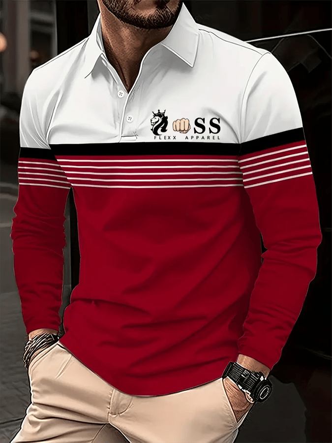 Men's Retro Letter Design Business Long Sleeve Polo Shirt