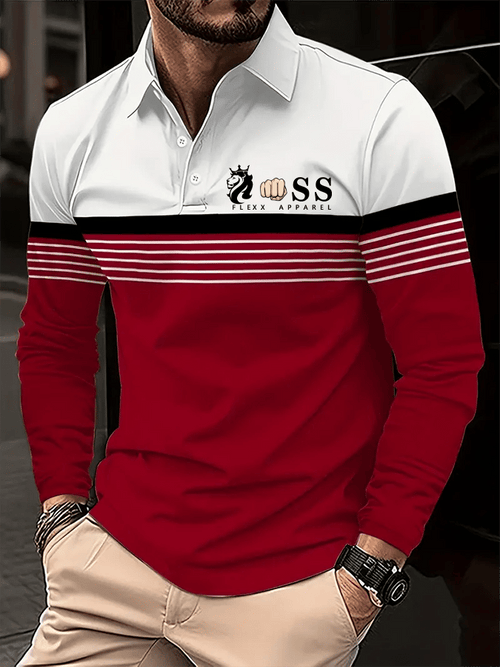 Men's Retro Letter Design Business Long Sleeve Polo Shirt
