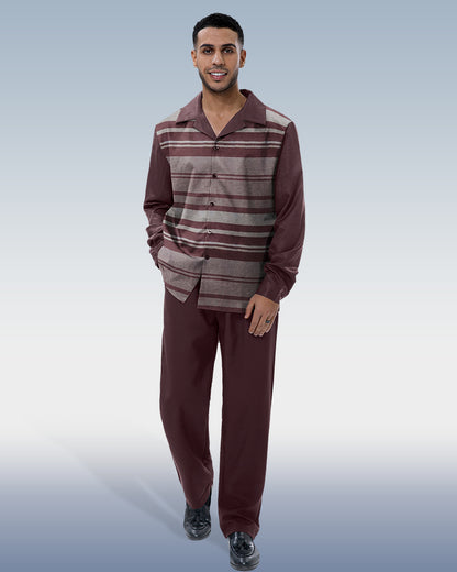 Suitmens Line Print Casual Long Sleeve Shirt Walking Suit 001
