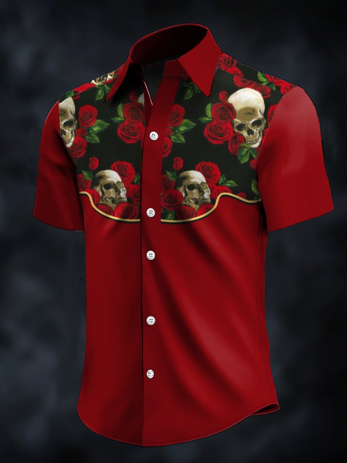 Men's Retro Western Contrast Print Short Sleeve Casual Shirt