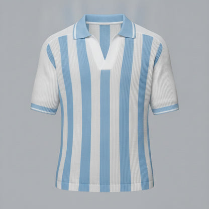 Men's White Contrast Striped Pattern Knitted Short Sleeve Polo Shirt