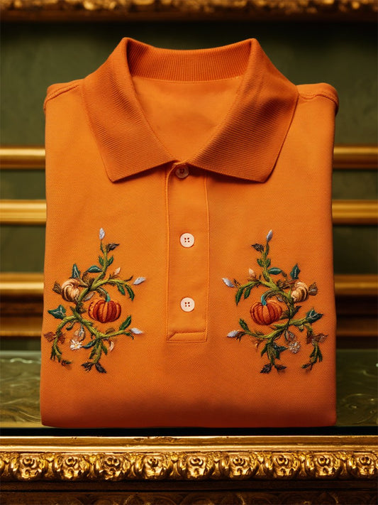 Men's Casual Business Halloween Pumpkin Art Button Short Sleeve Polo Shirt