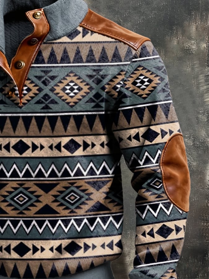 Men's Retro Fleece Warm Patchwork Comfortable Color-Blocked Henry Sweatshirt