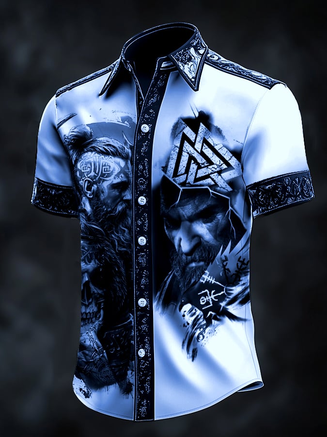 Men's casual vintage Viking portrait satin shirt