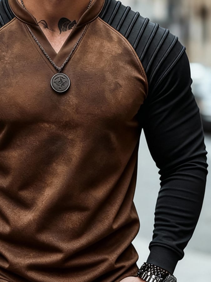 Men's Vintage Suede Patchwork T-Shirt