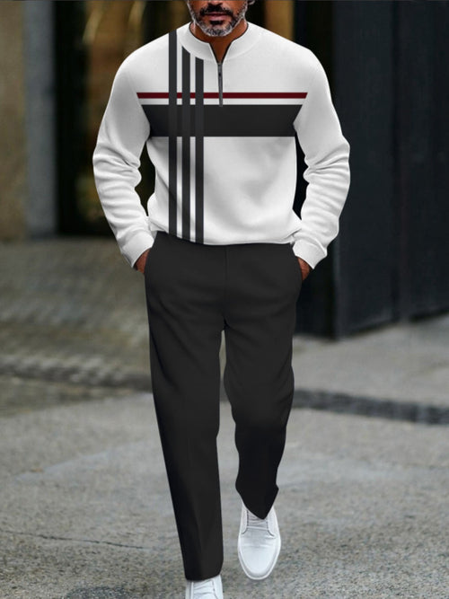 Men's Casual Black & White Color Matching Striped Printed Round-Neck Zipper Long Sleeved Sweatshirt & Trousers Two-Piece Set