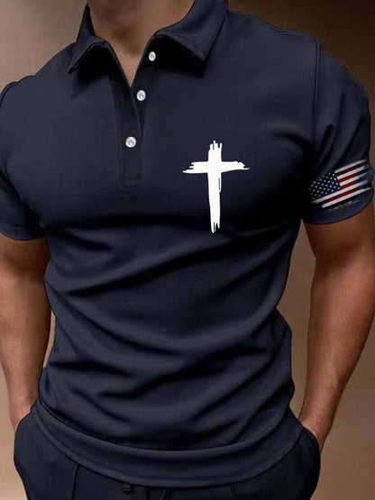 Men's Flag Cross Print Button Casual Polo Shirt