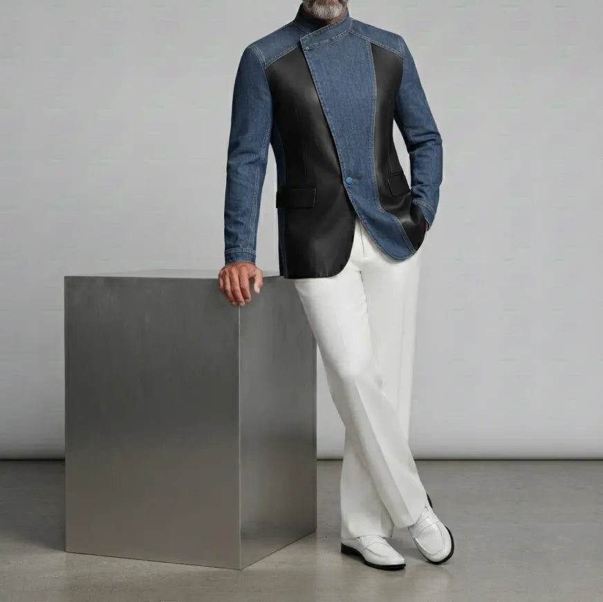 Men's Denim PU Leather Patchwork Colorblock Stand Collar Slim Fit Wrap Jacket