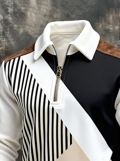 Men's Retro Color Block Print Zipper Sweatshirt