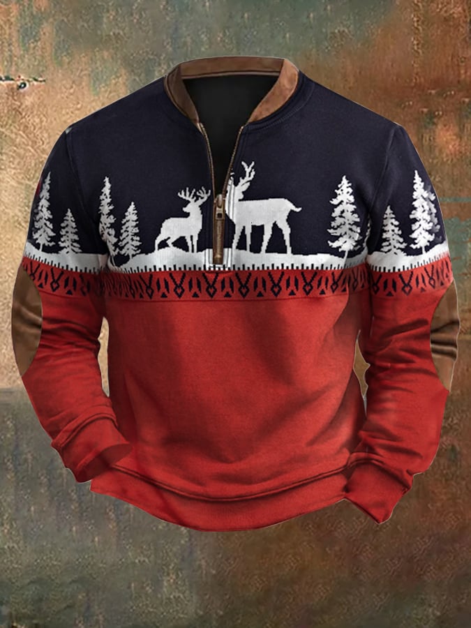 Men's Retro Christmas Print Zip Collar Sweatshirt
