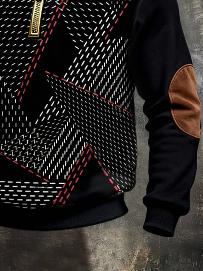 Men's Retro Color Block Print Color-Blocked Zip-Up Sweatshirt