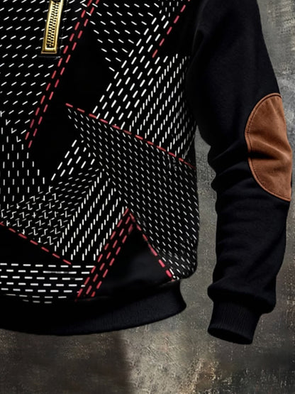 Men's Retro Color Block Print Color-Blocked Zip-Up Sweatshirt