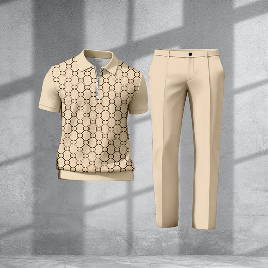 Men's Casual Khaki Plaid Printed Polo Short-Sleeve T-Shirt And Pants Two-Piece Set