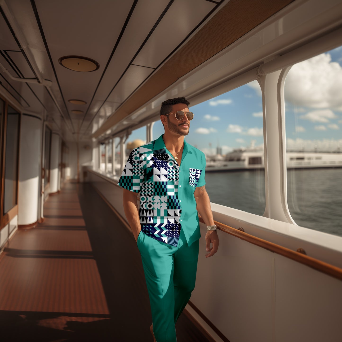 Men's retro colorblock short-sleeved shirt walking Suit 1675