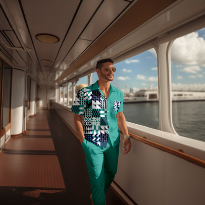 Men's retro colorblock short-sleeved shirt walking Suit 1675