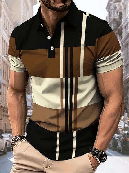 Men's Business Stripe Lettering Button-Down Polo Shirt
