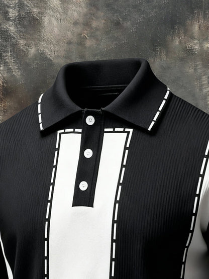 Men's Vintage-Style Color-Block Polo Collar Sweatshirt