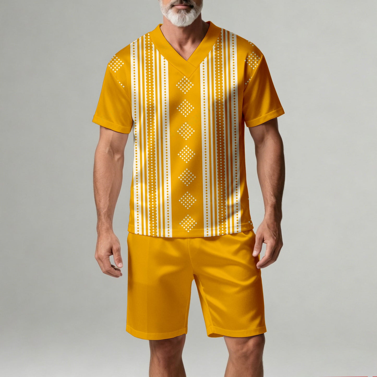 Men's Casual Orange Stripes Geometric Print V-Neck Short-Sleeve T-Shirt And Shorts Two-Piece Set