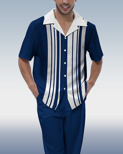 Rianmond Men's Vertical Stripe Print Short Sleeve Walking Suit 203