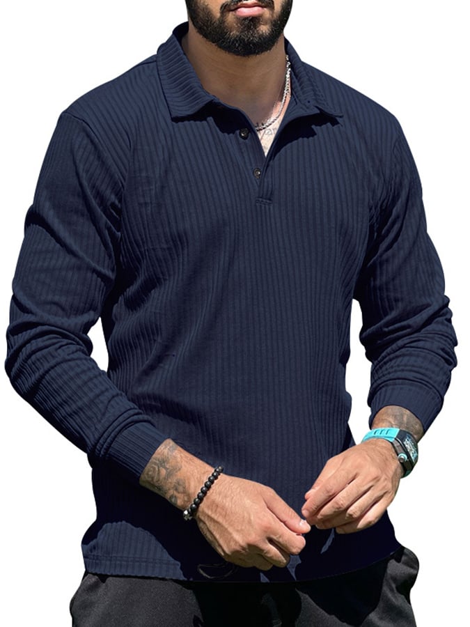 Ribbed Casual Long Sleeve Half Button Knit Polo Shirt