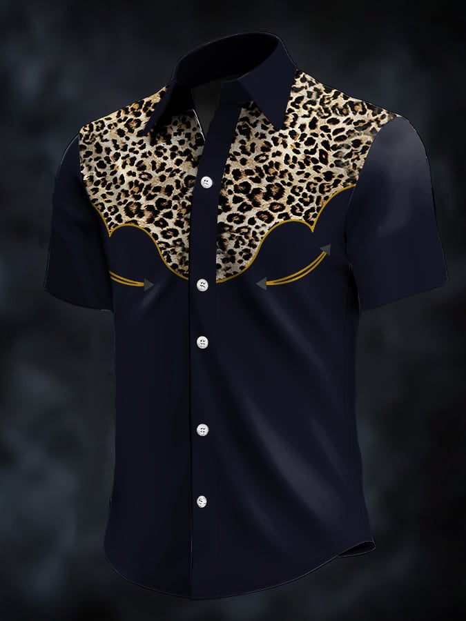 Men's Retro Western Contrast Print Short Sleeve Casual Shirt