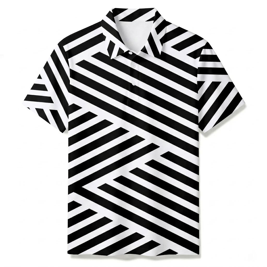 Men's Summer Fashion Black & White Stripes Printed Polo Short-Sleeve