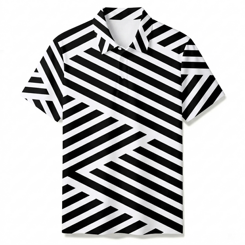 Men's Summer Fashion Black & White Stripes Printed Polo Short-Sleeve