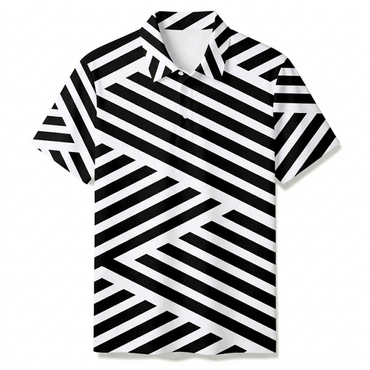Men's Summer Fashion Black & White Stripes Printed Polo Short-Sleeve