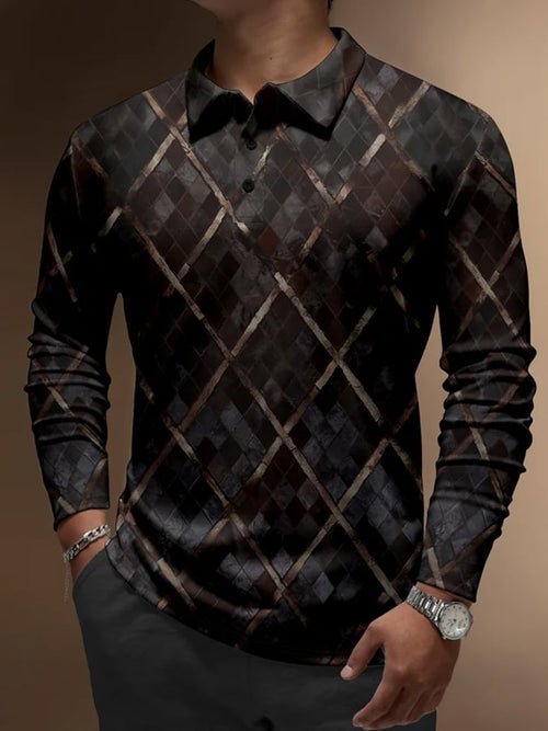 Men's Vintage Geometric Button Print Casual Polo Shirt