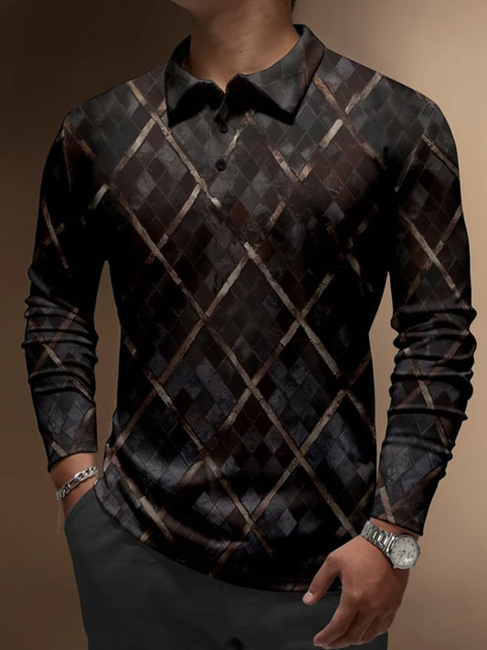 Men's Vintage Geometric Button Print Casual Polo Shirt