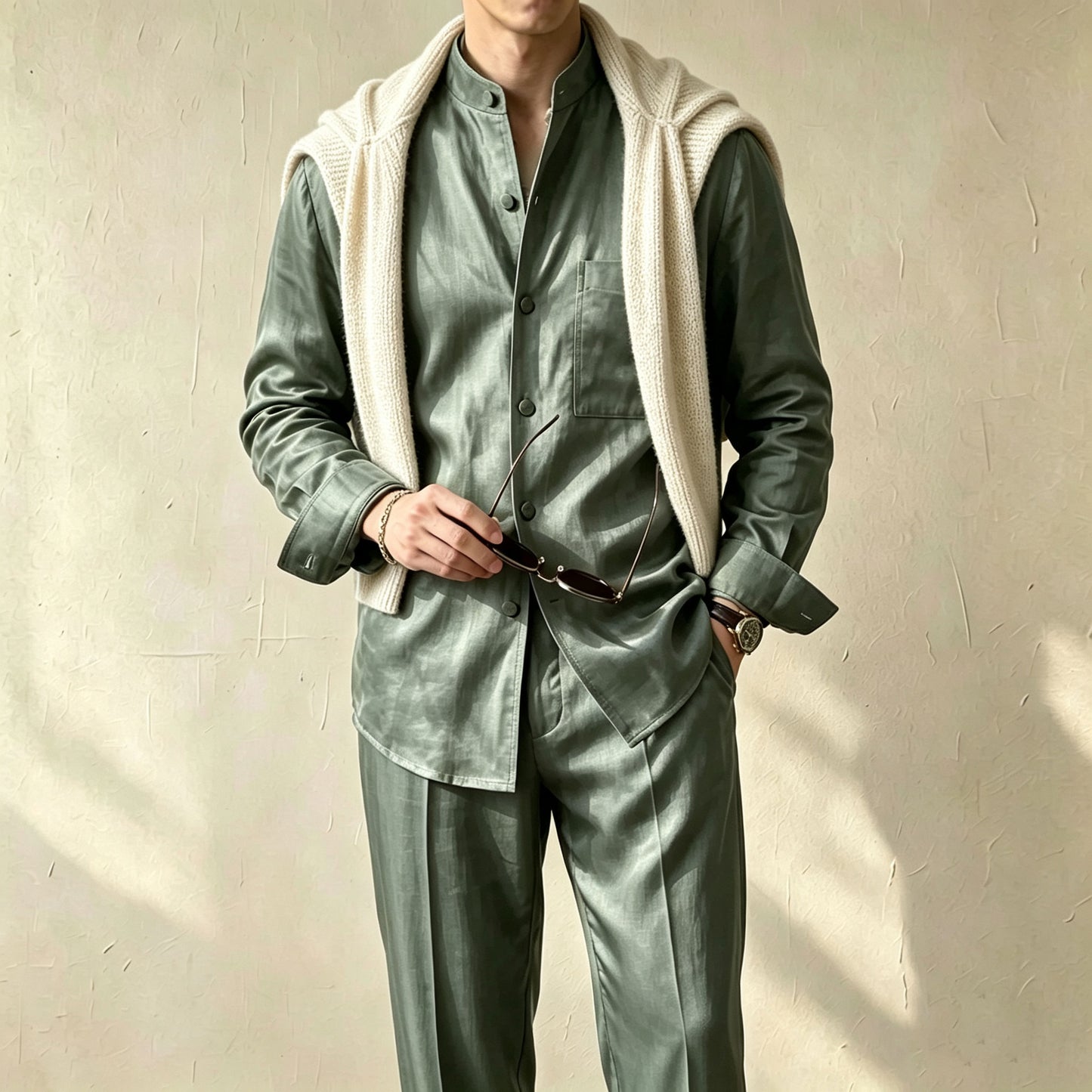 Men's Casual Solid-Color Printed Stand-Collar Long-Sleeve Shirt and Pants Two-Piece Set