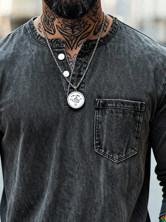 Men's Vintage Washed and Distressed Henley T-Shirt