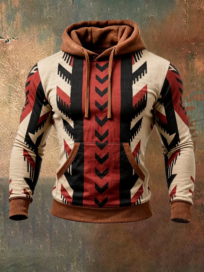 Men's Retro Stitching Contrast Color Hooded Sweatshirt