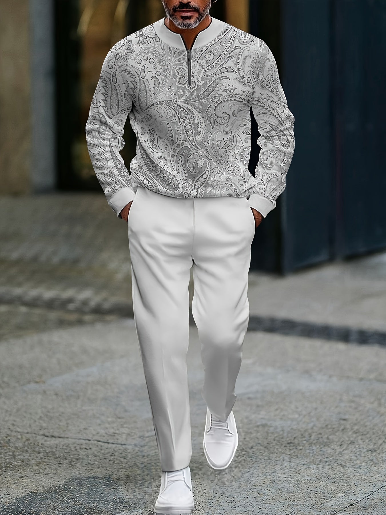 Men's Casual Gray & White Color Matching Vintage Flower Pattenr Round-Neck Zipper Long Sleeved Tops & Trousers Two-Piece Set