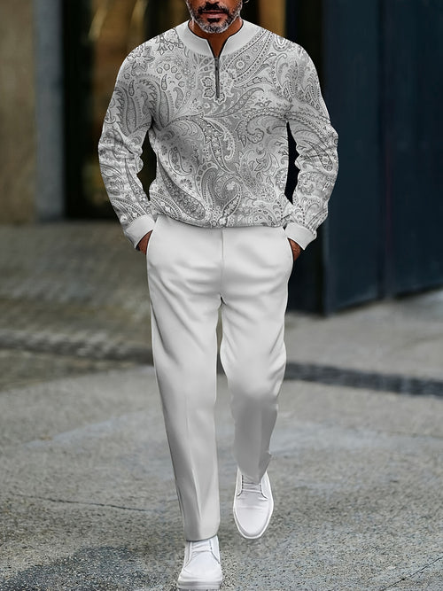 Men's Casual Gray & White Color Matching Vintage Flower Pattenr Round-Neck Zipper Long Sleeved Tops & Trousers Two-Piece Set