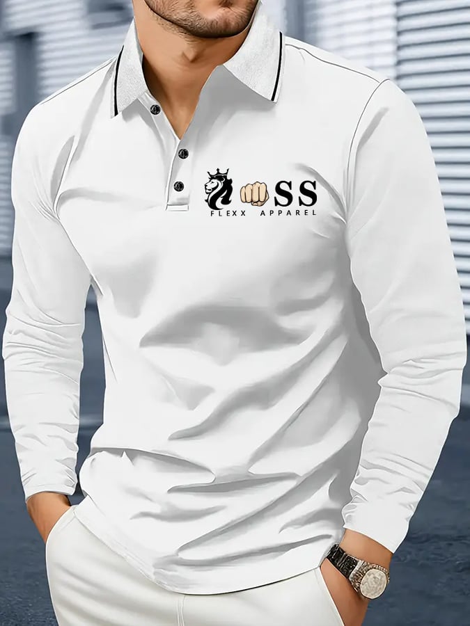 Men's Retro Letter Design Business Long Sleeve Polo Shirt
