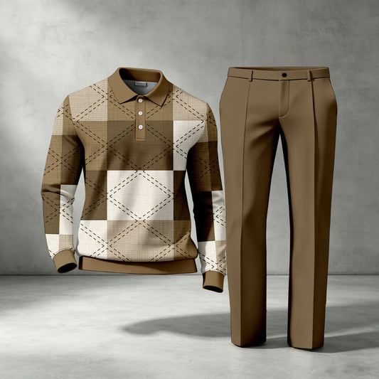 Men's Checkered Long-Sleeve Polo Shirt and Pants Two-Piece Set
