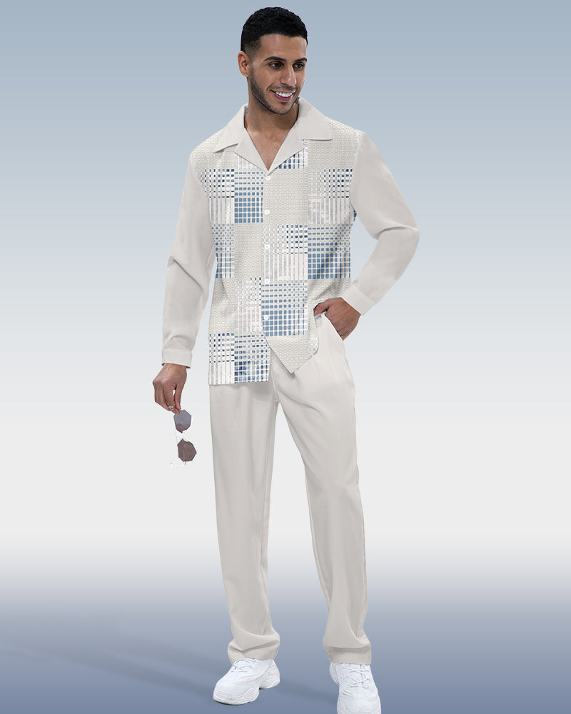 Men's Color Block Printed Long Sleeve Shirt Walking Suit 611