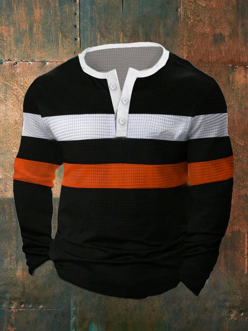 Men's Vintage Waffle Color Patch Henley Neck T-Shirt