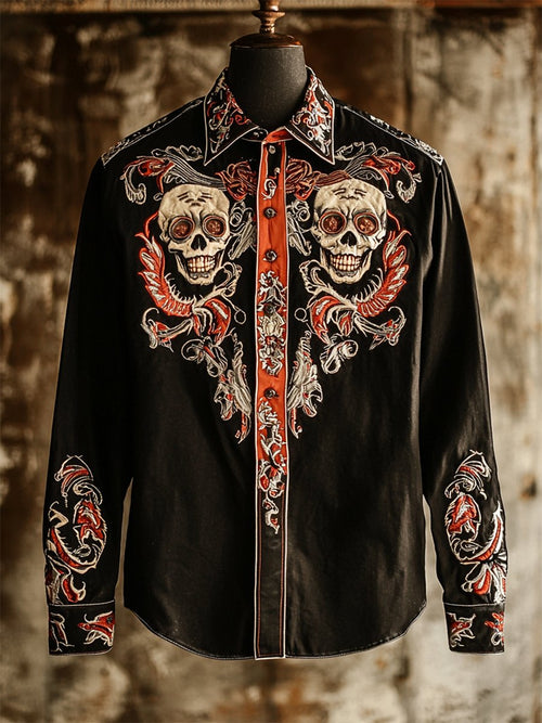 Men's Retro Casual Skull Print Long Sleeve Shirt