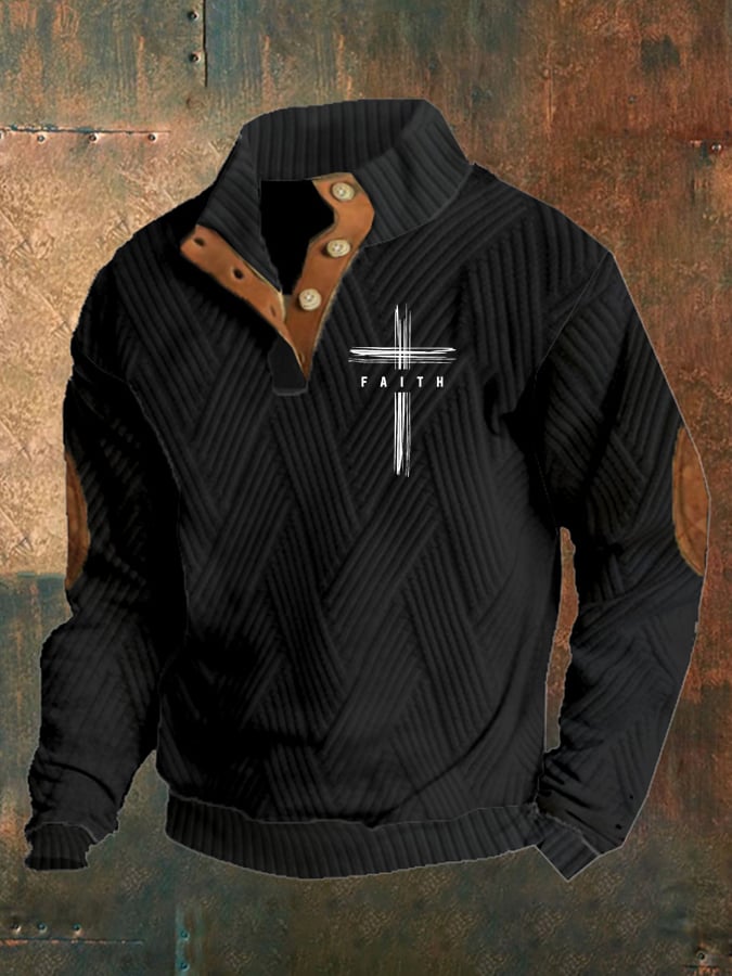 Men's Retro Faith Design Jacquard Plaid Fabric Casual Sweatshirt