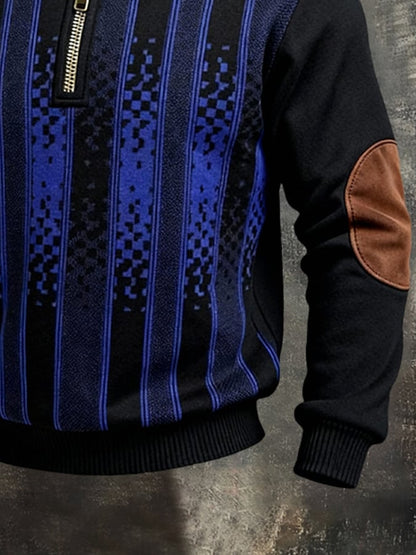Men's Retro Color Block Print Color-Blocked Zip-Up Sweatshirt