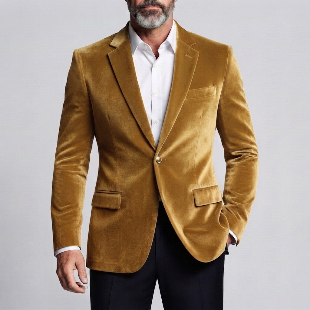 Men's Formal Solid Color Velvet Notch Lapel One Button Slim Fit Blazer