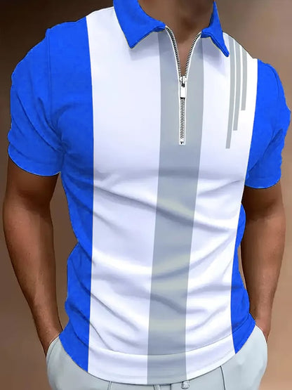 Men's Casual Color Block Zip-Up Polo Shirt